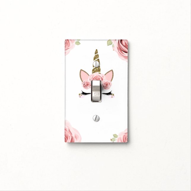 Pink Roses Gold Glitter Unicorn Trendy Cute Light Switch Cover (In Situ)