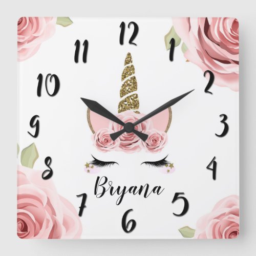Pink Roses Gold Glitter Unicorn Trendy Cute Square Wall Clock