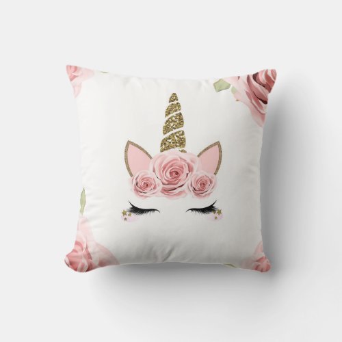 Pink Roses Gold Glitter Unicorn Trendy Cute Throw Pillow
