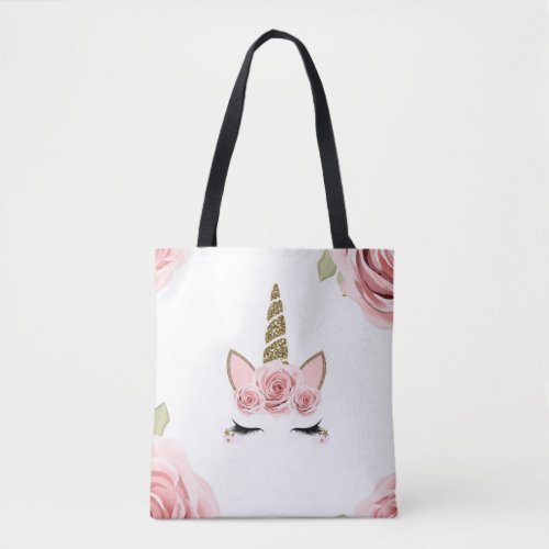 Pink Roses Gold Glitter Unicorn Trendy Cute Tote Bag