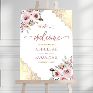 Pink Roses Gold Lace Muslim Wedding Welcome Sign