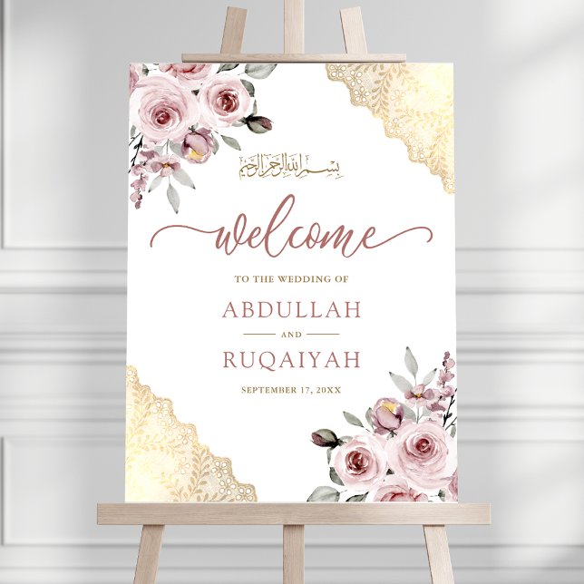Pink Roses Gold Lace Muslim Wedding Welcome Sign (Creator Uploaded)