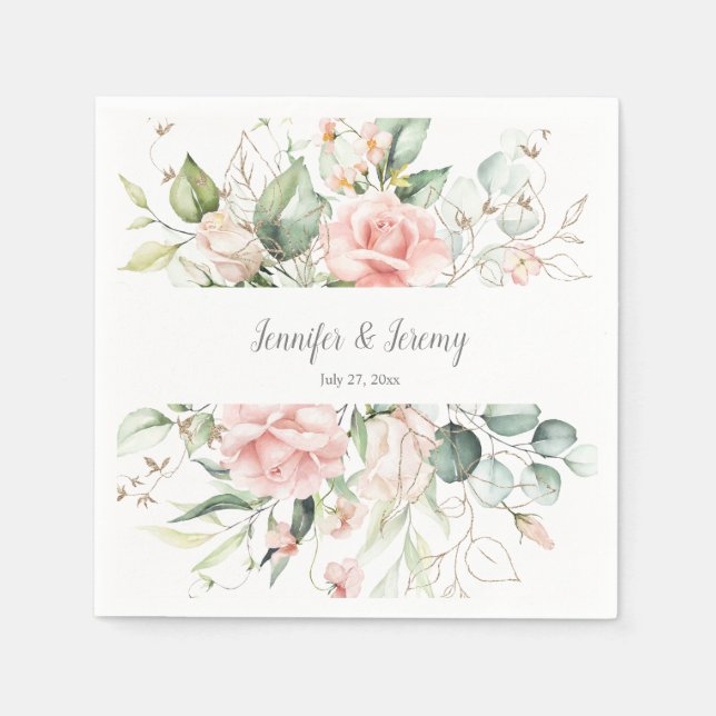 Pink Roses Gold Leaves Eucalyptus Greenery Napkins (Front)