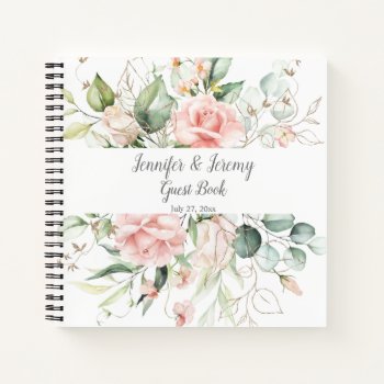 Pink Roses Gold Leaves Eucalyptus Guest Book by dmboyce at Zazzle