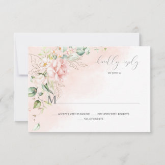 Pink Roses Gold Leaves Greenery RSVP Card
