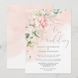 Pink Roses Gold Leaves Greenery Wedding Invitation