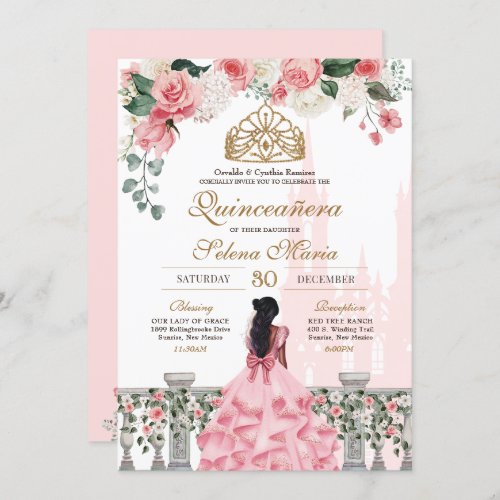 Pink Roses  Gold Princess Fairytale Quinceanera Invitation