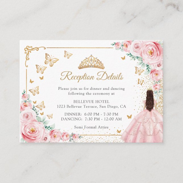 Pink Roses Gold Quinceanera Reception Details Enclosure Card (Front)