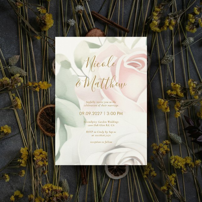 Pink Roses & Gold Script Personalized Wedding Invitation (Pink Roses & Gold Script Personalized Wedding Invitation)