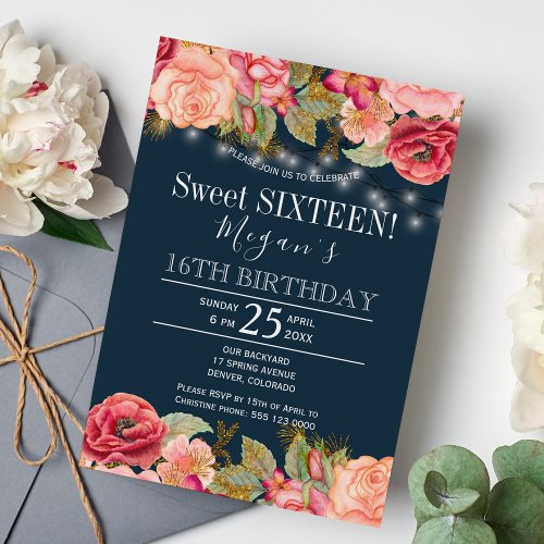 Pink roses gold string lights navy blue sweet 16 invitation