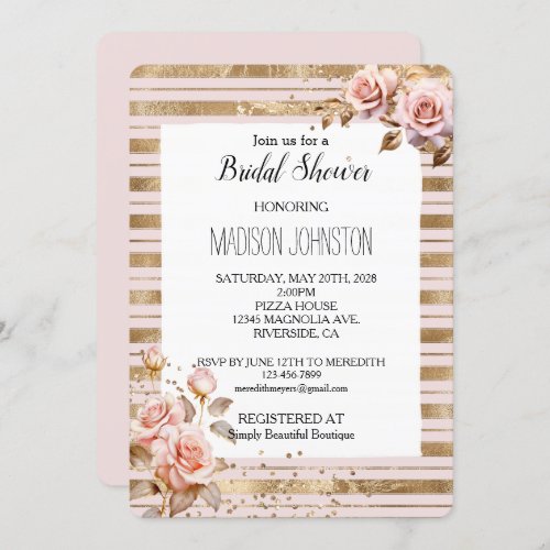 Pink Roses Gold Stripes Glitter Bridal Shower Invitation