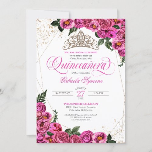 Pink Roses  Gold Tiara Elegant Quinceaera Invitation
