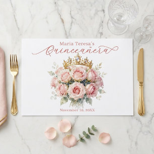 Pink Roses Gold Tiara Quinceañera Paper Placemat