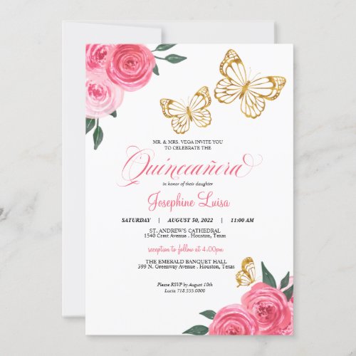 Pink Roses Golden Butterfly Quinceaera Birthday Invitation