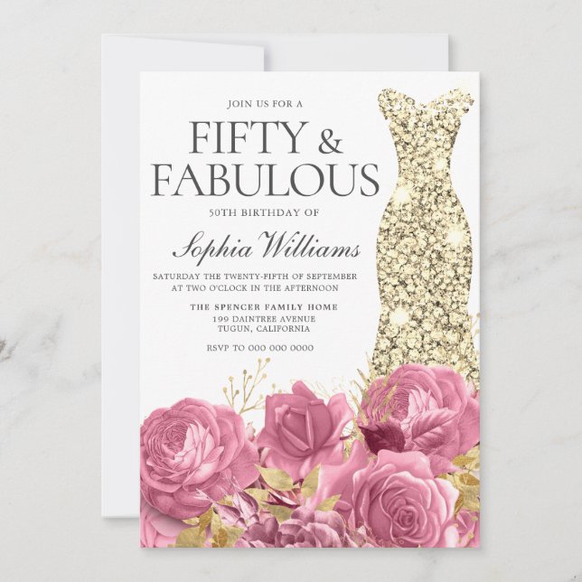 Pink Roses Golden Gown 50th Birthday Party Invitation (Front)