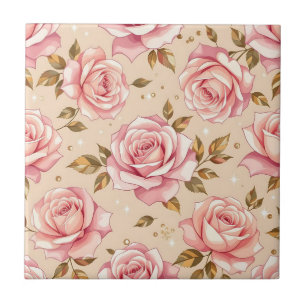 Pink Roses Golden Leaves Pattern Ceramic Tile