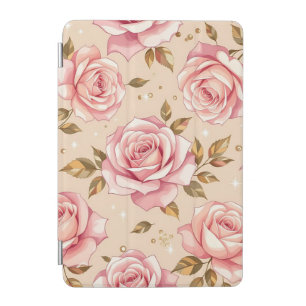 Pink Roses Golden Leaves Pattern iPad Mini Cover
