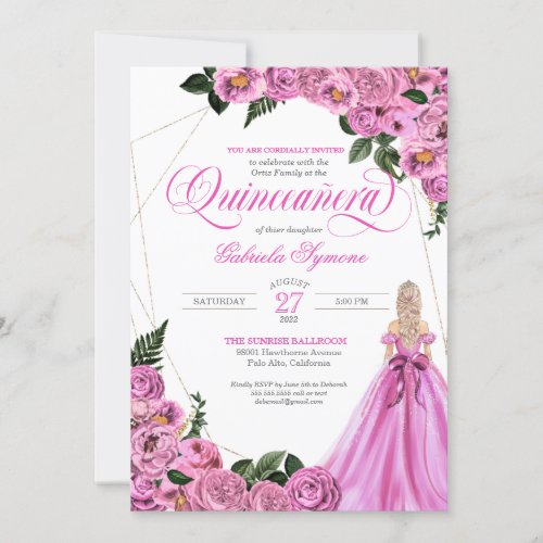 Pink Roses  Golden Tiara  Ball Gown Quinceaera Invitation