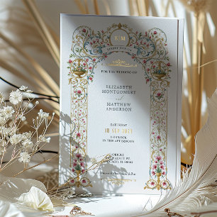 Pink Roses & Golden Urns Victorian Wedding Foil Invitation