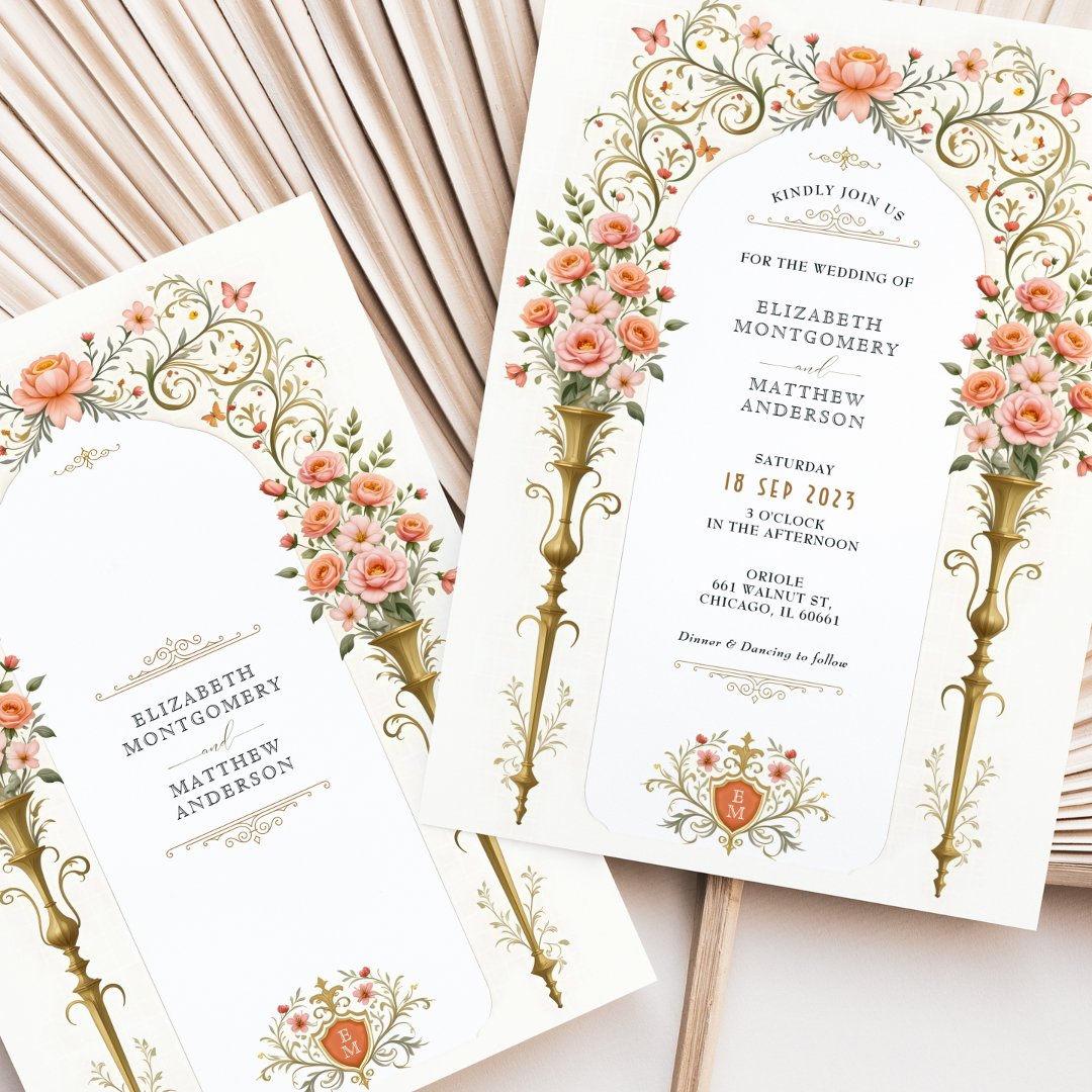 Pink Roses &amp; Golden Urns Victorian                    Wedding Invitation