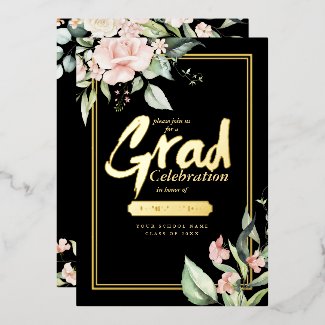 Pink Roses Grad Foil Gold/Black ID894 Foil Invitation