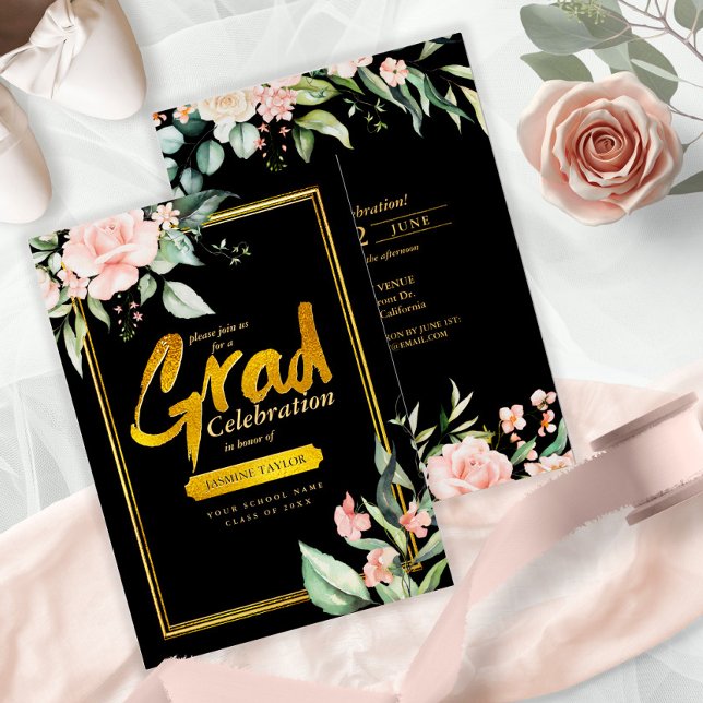 Pink Roses Grad Foil Gold/Black ID894 Foil Invitation (Creator Uploaded)