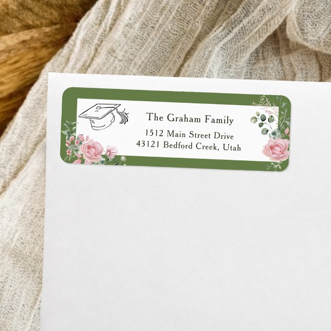 Pink Roses Graduate Cap Graduation Return Address Label (Creator Uploaded)