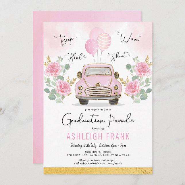 Pink Roses Graduation Parade High School Grad Invitation (Front/Back)