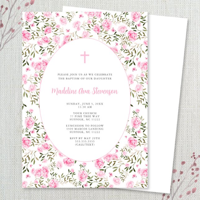 Pink Roses Grandmillenial girl baptism invitation (Creator Uploaded)