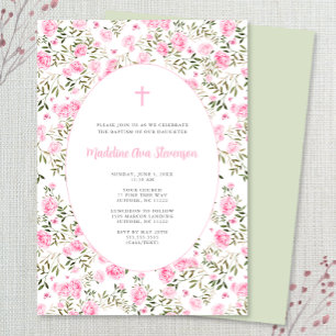 Pink Roses Grandmillenial girl baptism invitation