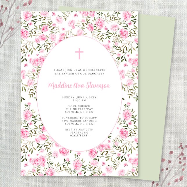 Pink Roses Grandmillenial girl baptism invitation (Creator Uploaded)