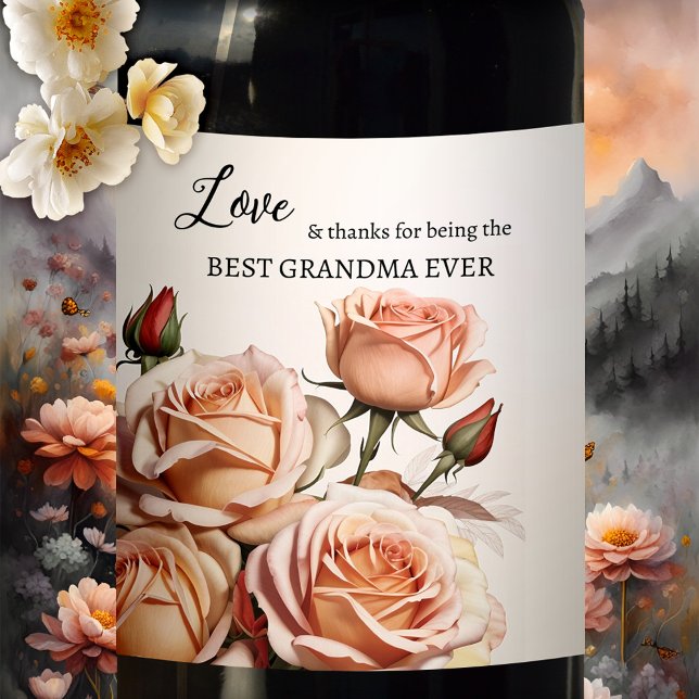 Pink Roses Grandmother  Wine Label (Wine label featuring pink peach roses. Nice for mom or grandma, for a birthday or Mother's Day)