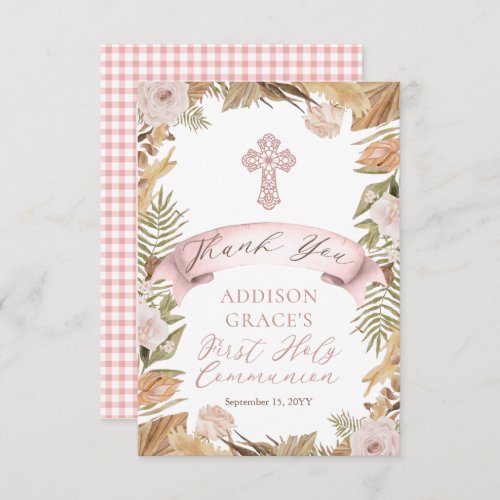 Pink Roses  Grasses Floral First Holy Communion Thank You Card