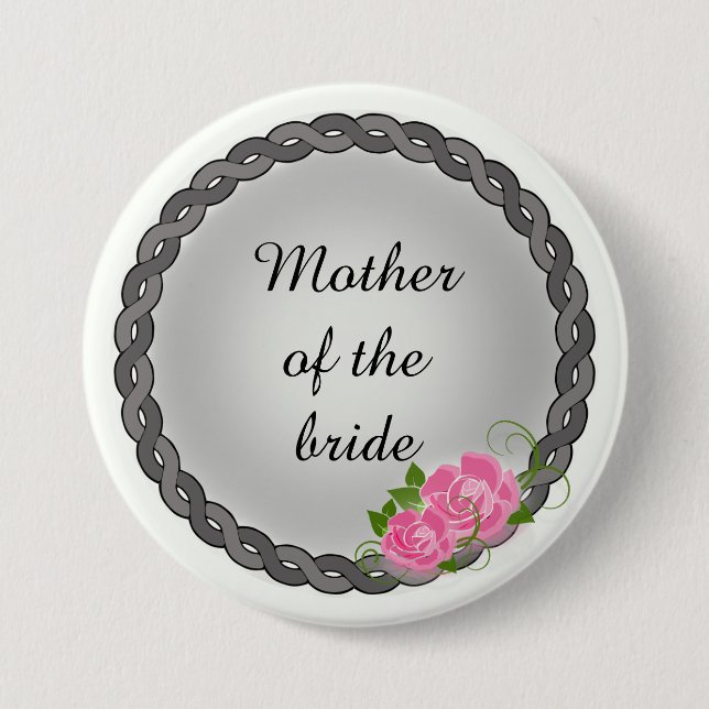 Pink Roses Gray Wreath Mother/Grandmother of Bride Pinback Button (Front)