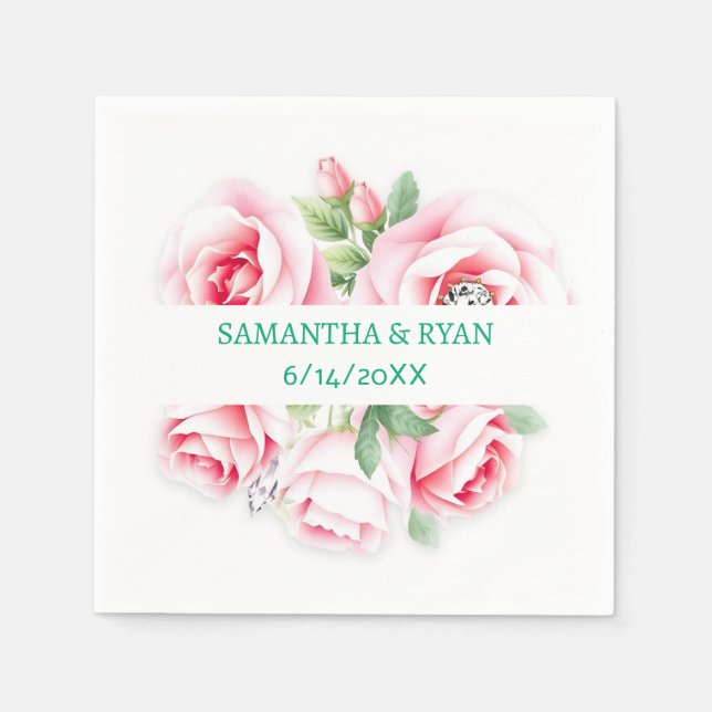 Pink Roses & Green Foliage Wedding Personalized Napkins (Front)