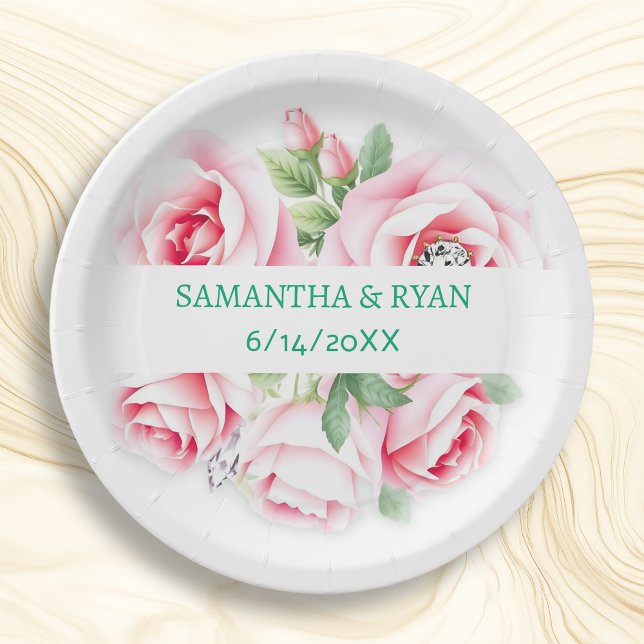 Pink Roses & Green Foliage Wedding Personalized Paper Plates (Creator Uploaded)