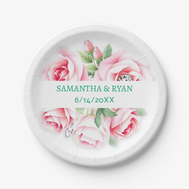 Pink Roses & Green Foliage Wedding Personalized Paper Plates (Front)
