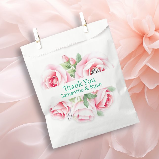Pink Roses & Green Foliage Wedding Thank You Favor Bag (Creator Uploaded)