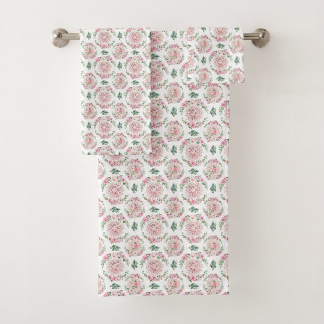 Pink Roses Green Greenery Eucalyptus Gift Bath Towel Set (Insitu)