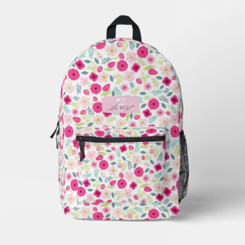 Pink Roses Green Leaves Botanical Personalized Printed Backpack