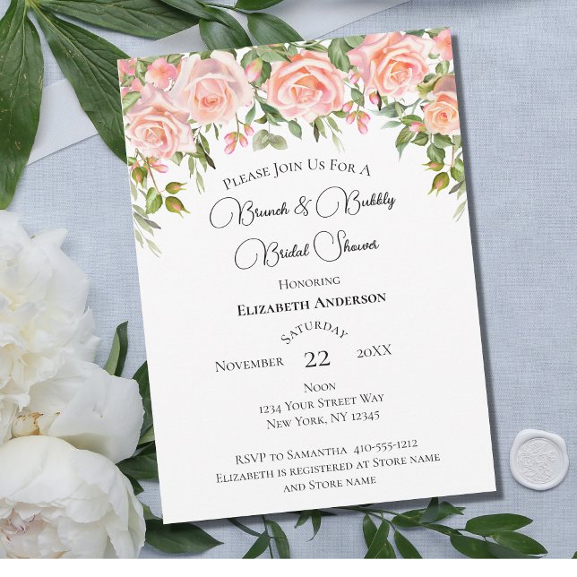 Pink Roses Greenery Brunch Bubbly Bridal Shower Invitation (Creator Uploaded)