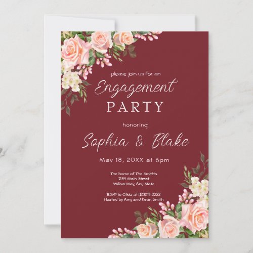 Pink Roses  Greenery_ Burgundy Engagement Party   Invitation