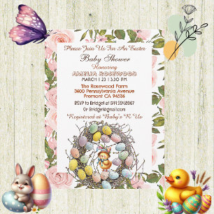 Pink Roses Greenery Easter Eggs Nest Chick Floral Invitation