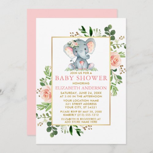 Pink Roses Greenery Elephant Baby Shower Gold Invitation