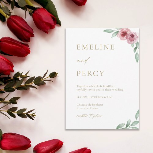 Pink roses greenery floral wedding  invitation