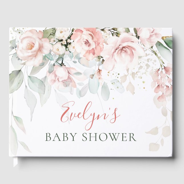 Pink Roses Greenery Foliage Baby Shower Guest Book (Front)
