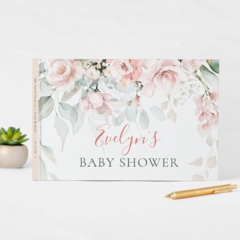 Pink Roses Greenery Foliage Baby Shower Guest Book by IrinaFraser at Zazzle