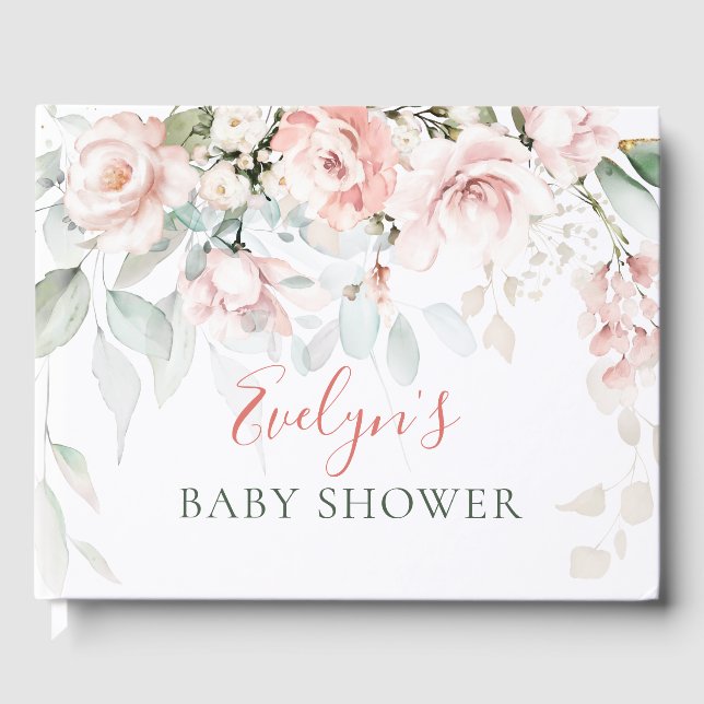 Pink Roses Greenery Foliage Baby Shower Guest Book (Front)