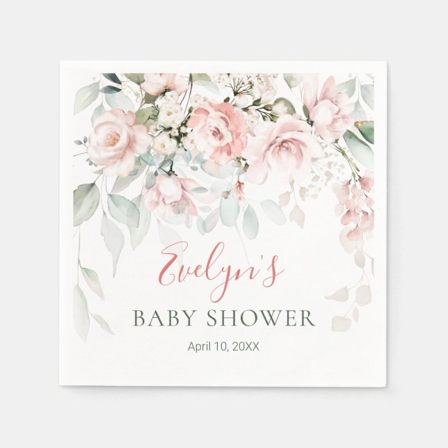 Pink Roses Greenery Foliage Baby Shower Napkins (Front)