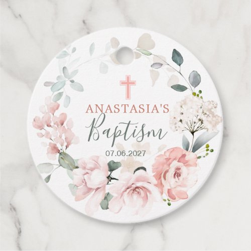 Pink Roses Greenery Foliage Baptism Favor Tags